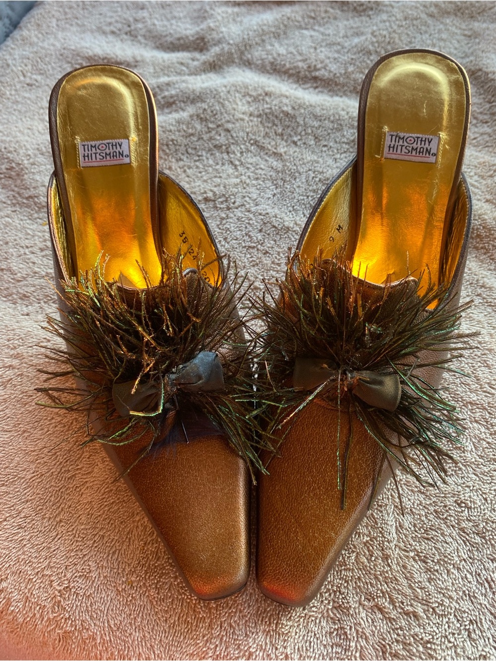 VINTAGE Timothy Hitsman 80s/90s feather and leather mules 9